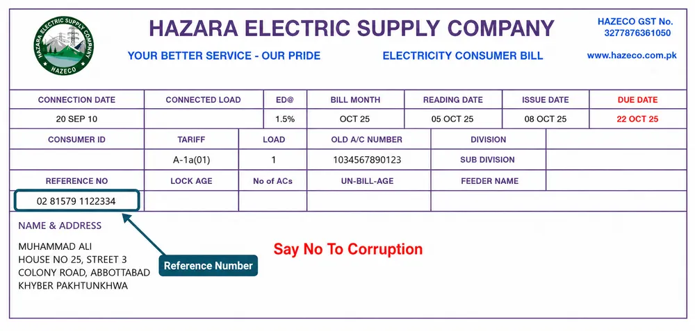 HAZECO bill showing where to find the reference number at the top
