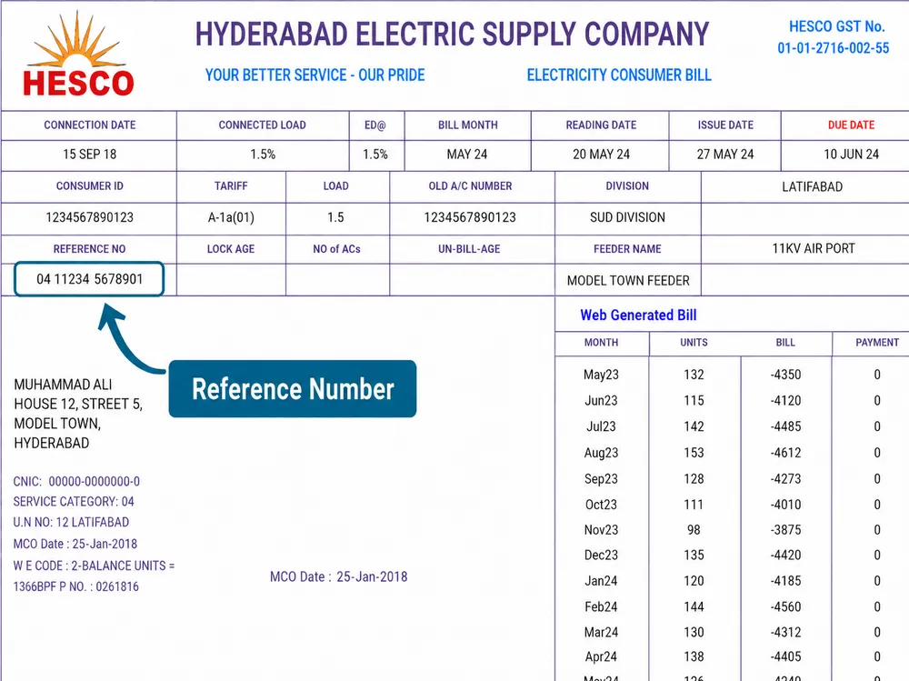 HESCO bill showing where to find the reference number at the top