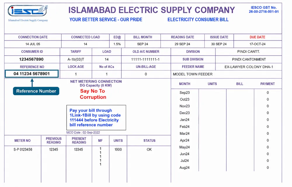 IESCO bill showing where to find the reference number at the top