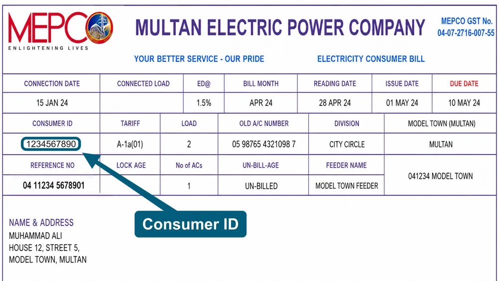MEPCO bill showing where to find the consumer ID near the reference number