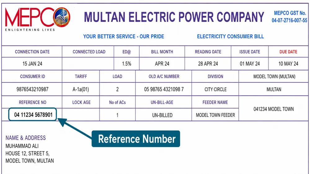 MEPCO bill showing where to find the reference number at the top