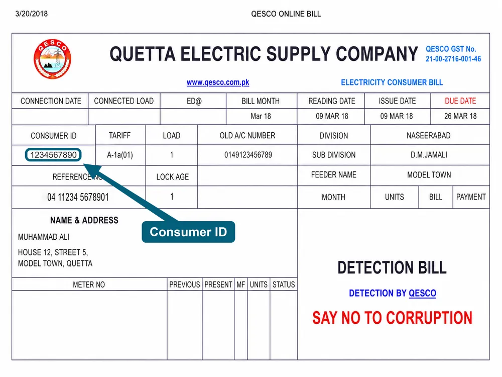 QESCO bill showing where to find the consumer ID near the reference number