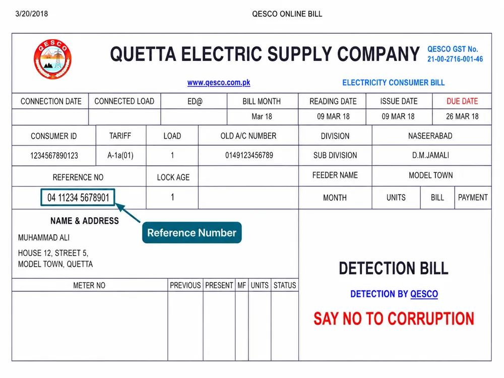QESCO bill showing where to find the reference number at the top