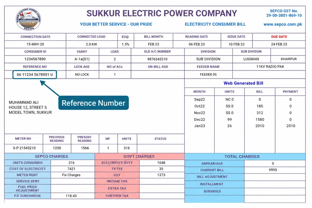 SEPCO bill showing where to find the reference number at the top