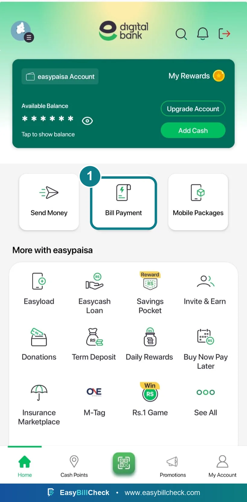 Easypaisa home screen with the Bill Payment button highlighted