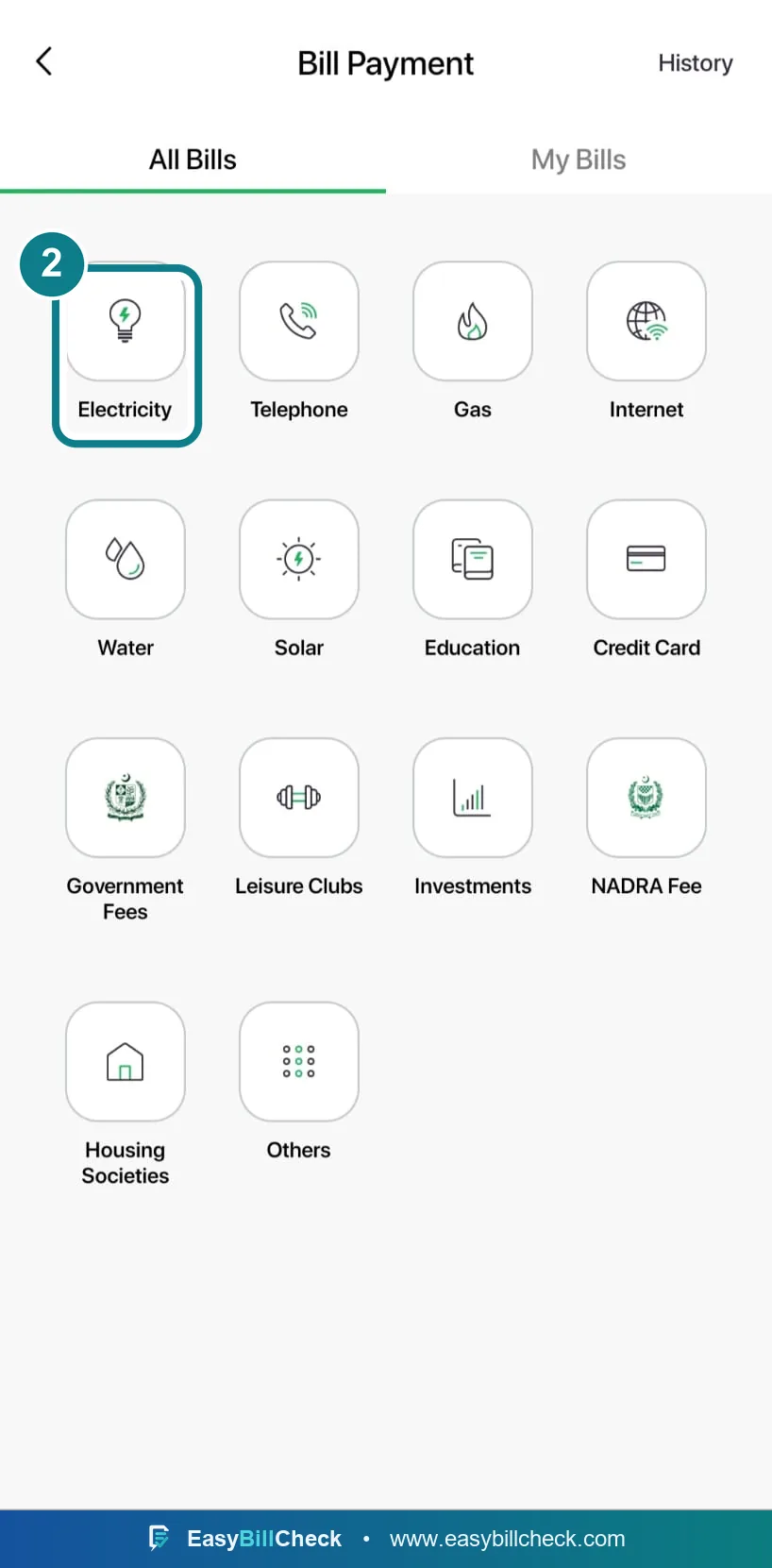 Easypaisa bill categories with Electricity highlighted