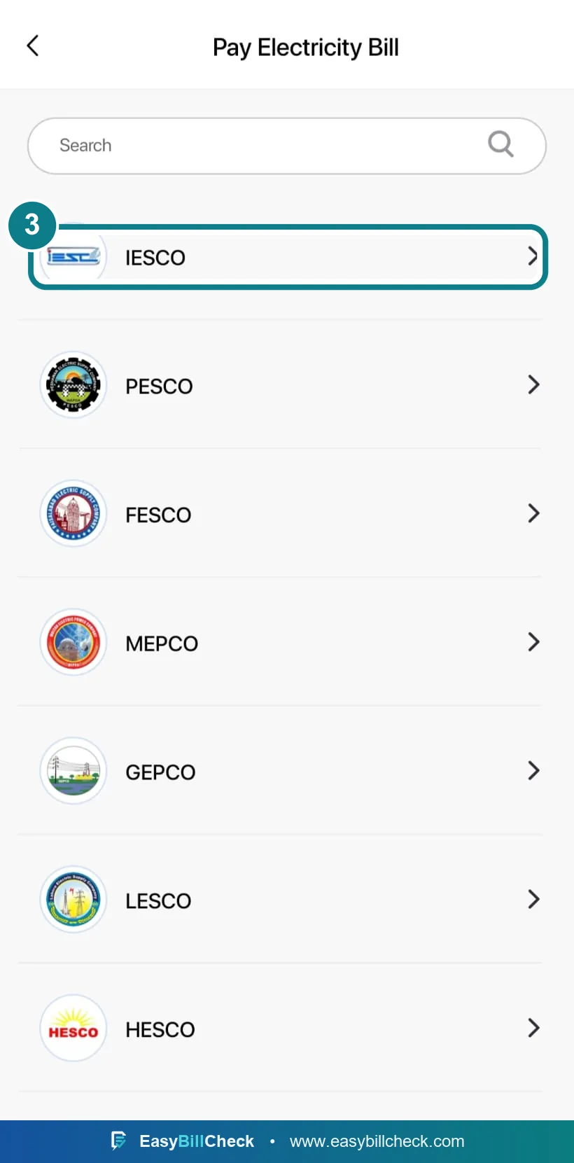 Easypaisa electricity company list with a company row highlighted
