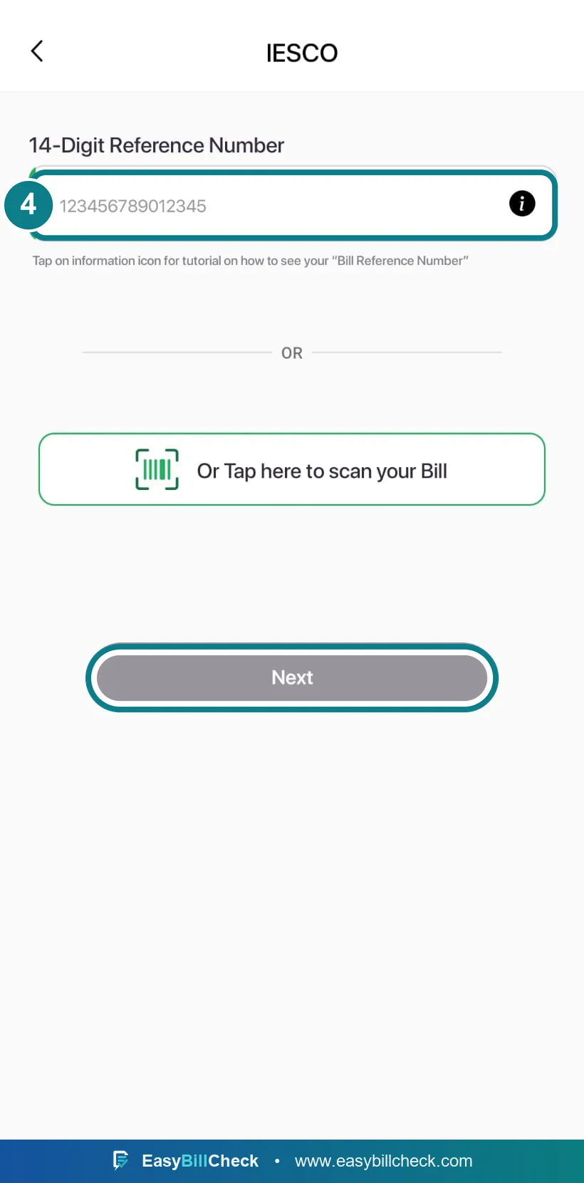 Easypaisa reference number screen with the number field and Next button highlighted