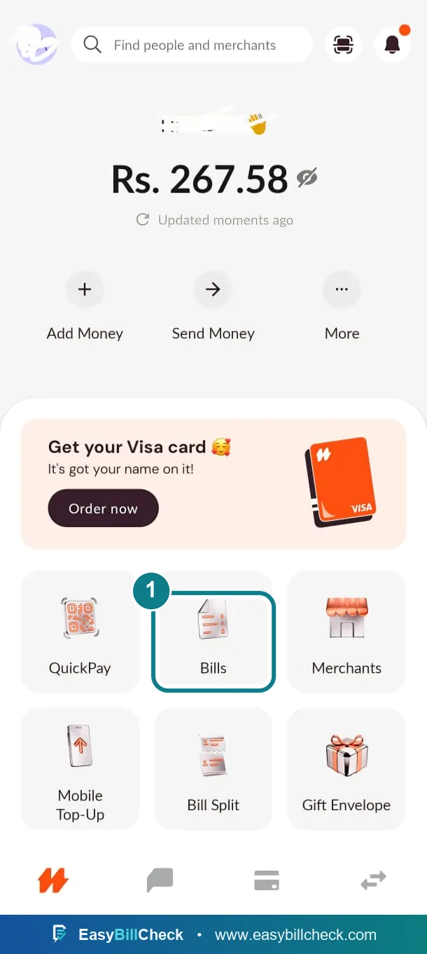 NayaPay home screen with the Bills button highlighted