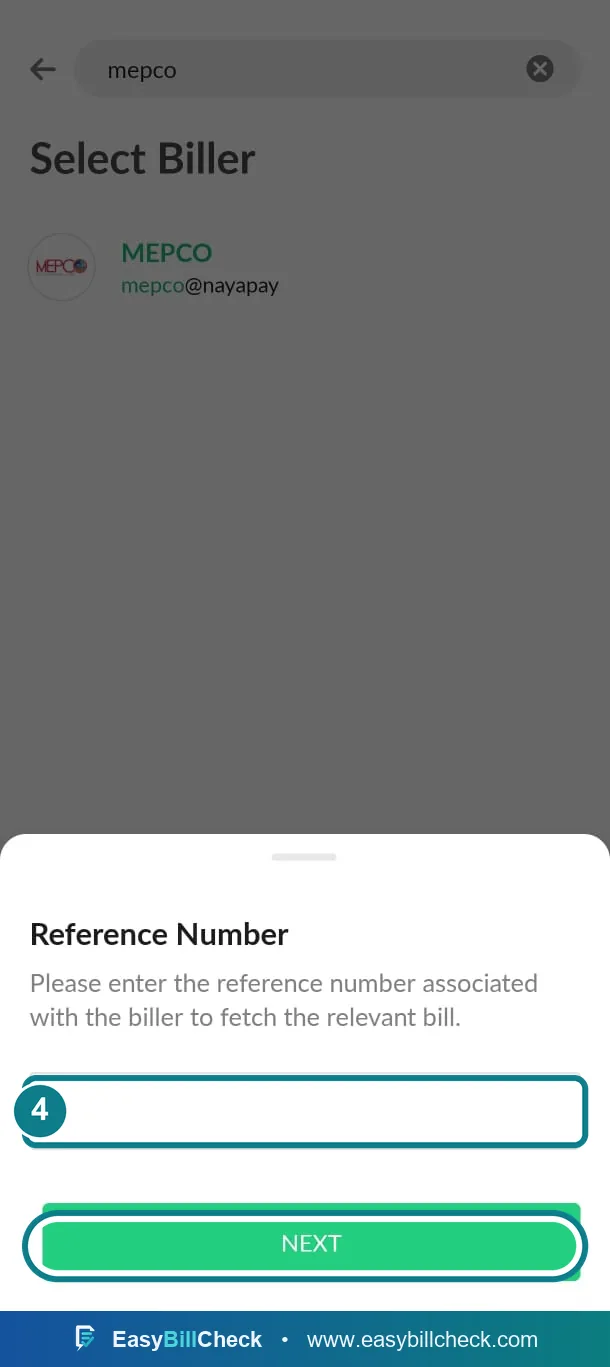 NayaPay reference number sheet with the field and Next button highlighted