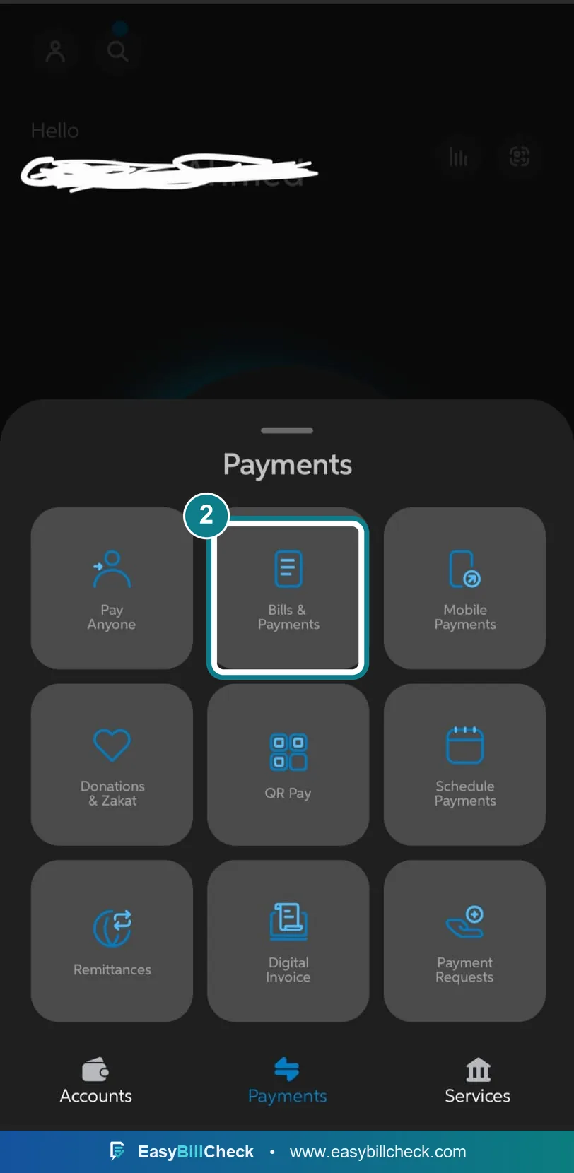 UBL Digital payments menu with Bills and Payments highlighted