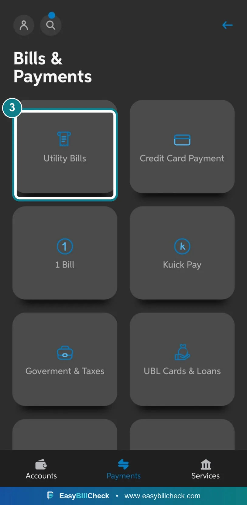 UBL Digital bills and payments screen with Utility Bills highlighted