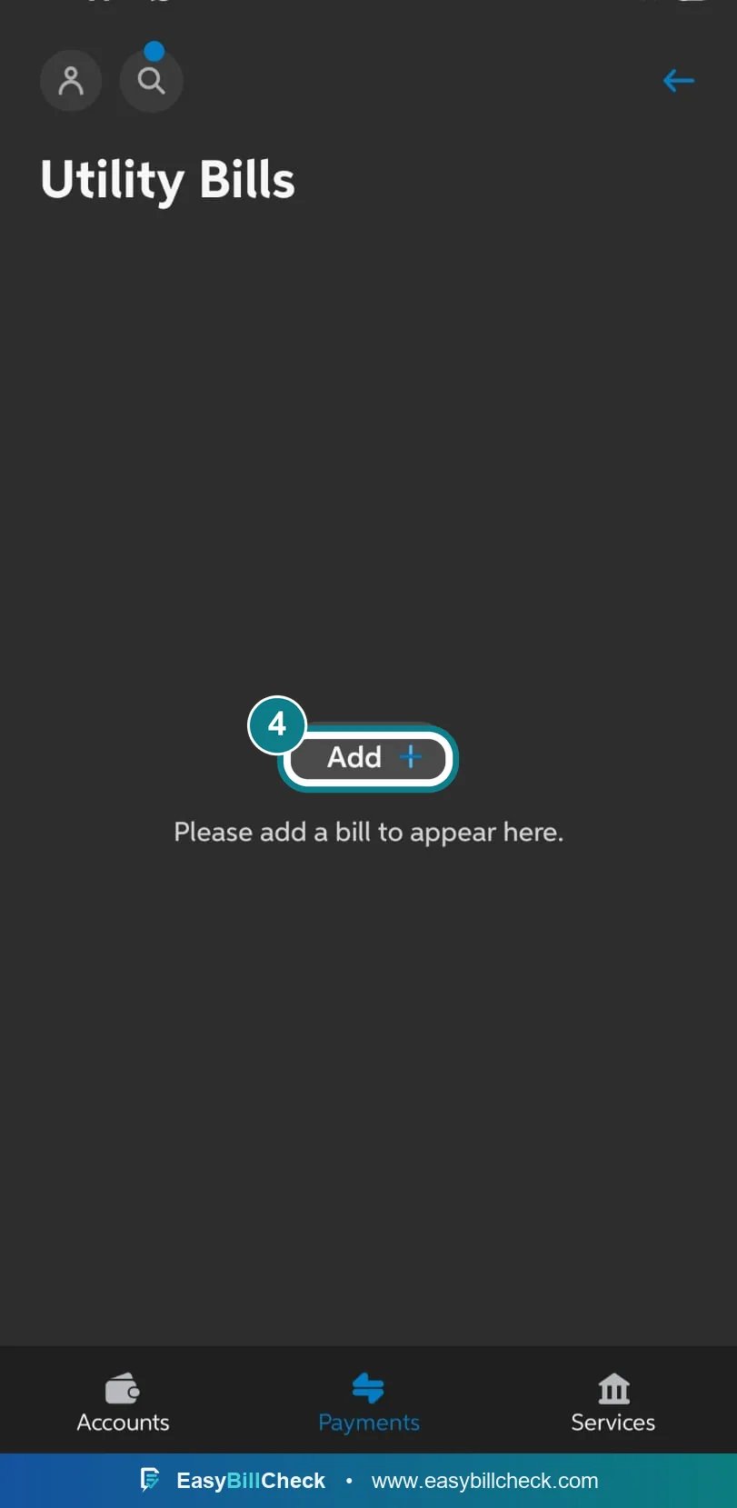 UBL Digital utility bills screen with the Add button highlighted
