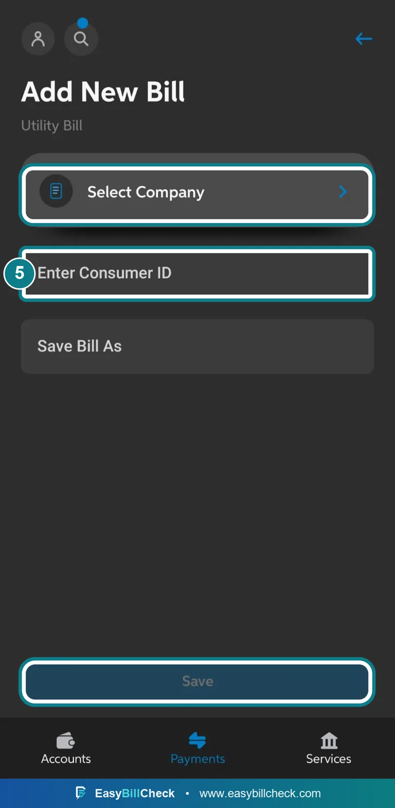 UBL Digital add new bill screen with Select Company, the Consumer ID field, and Save highlighted